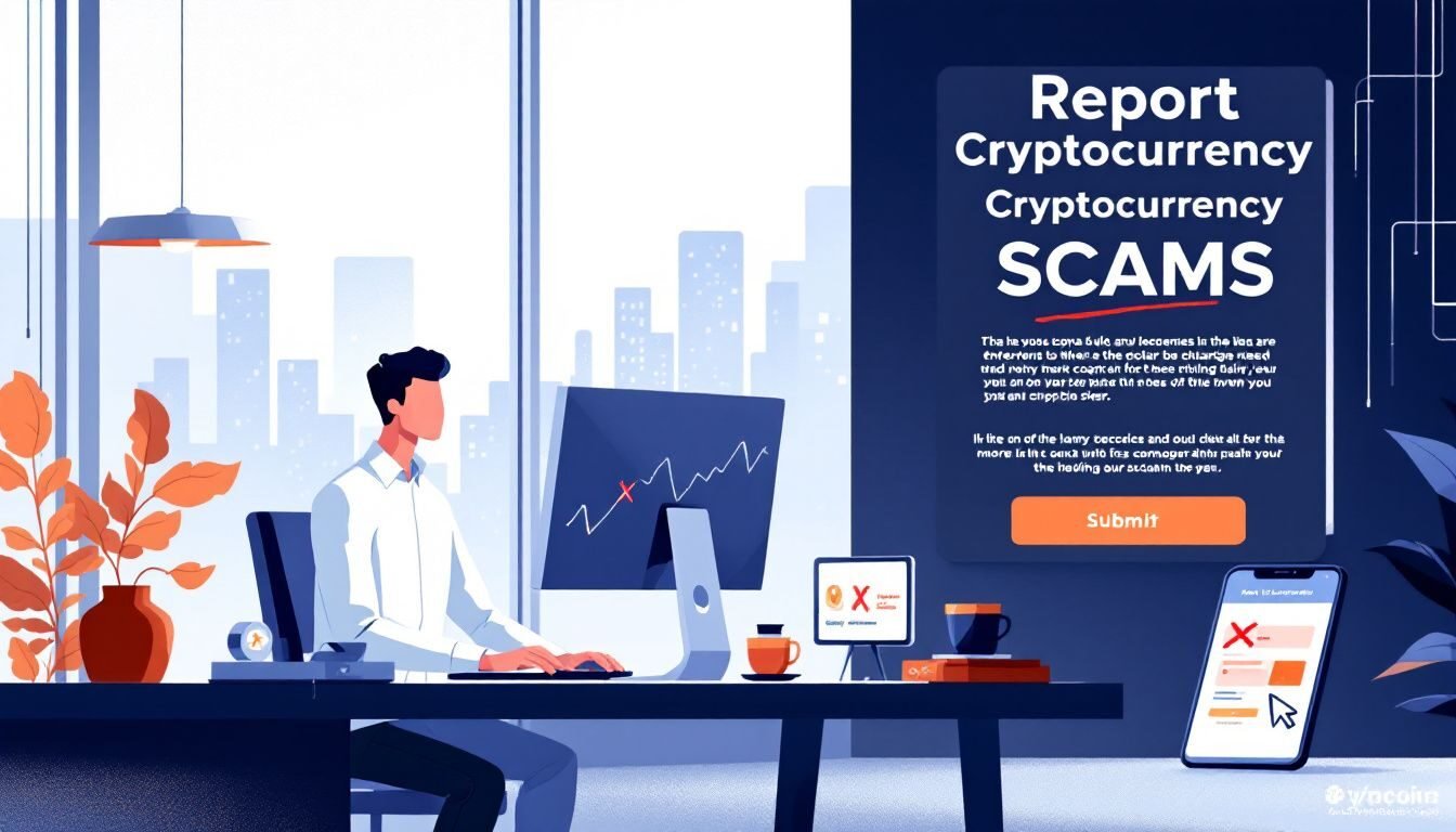 An illustration depicting the process of reporting cryptocurrency scams, including contacting law enforcement and using online complaint forms.