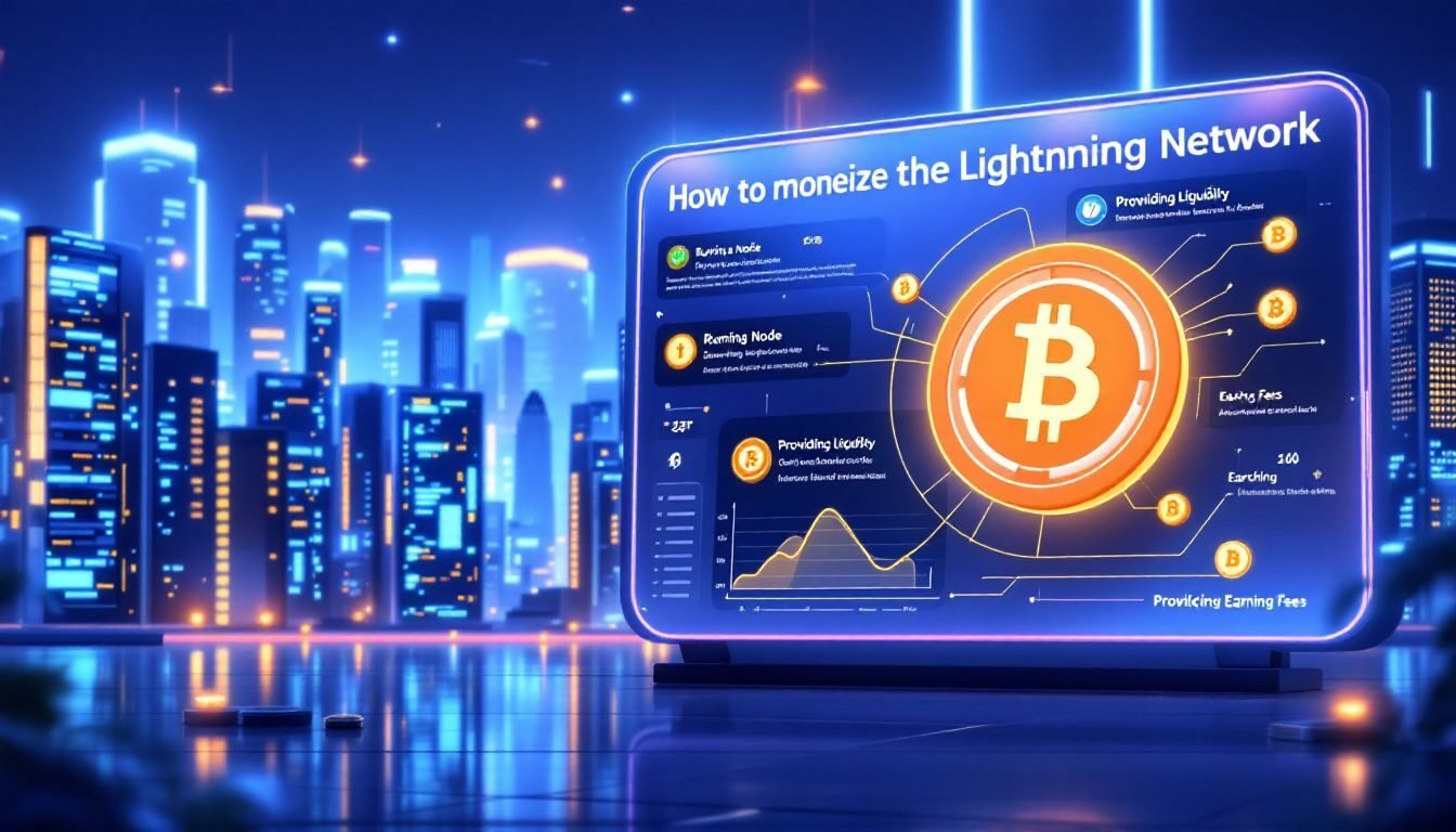 A graphic showing how to monetize the bitcoin lightning network through running a node and providing liquidity.