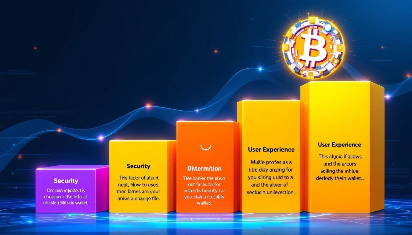 A graphic depicting key factors to consider when choosing a bitcoin wallet.