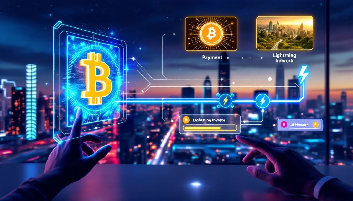 A visual representation of making transactions on the lightning network, highlighting bitcoin payments and lightning invoices.