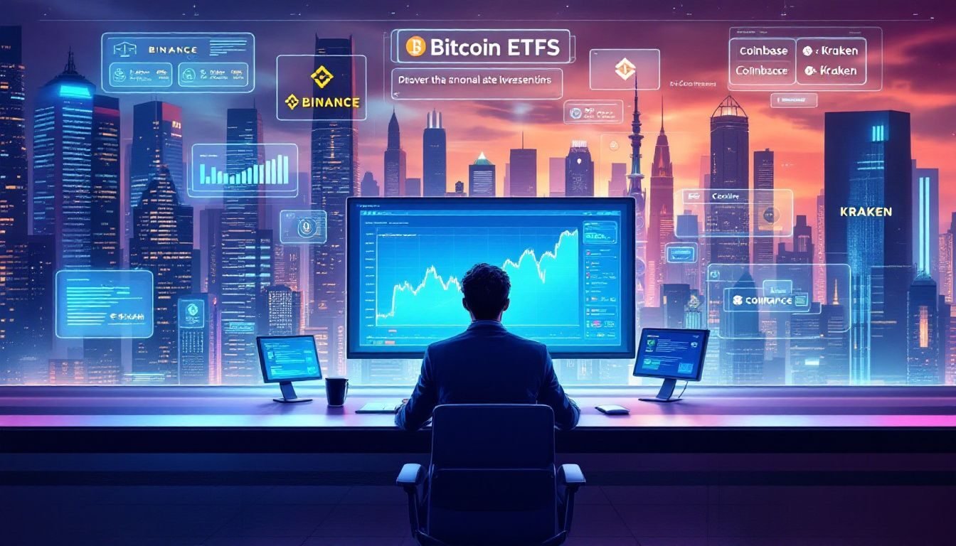 Uma representação visual do processo de investir em ETFs de Bitcoins, incluindo a escolha de corretoras.